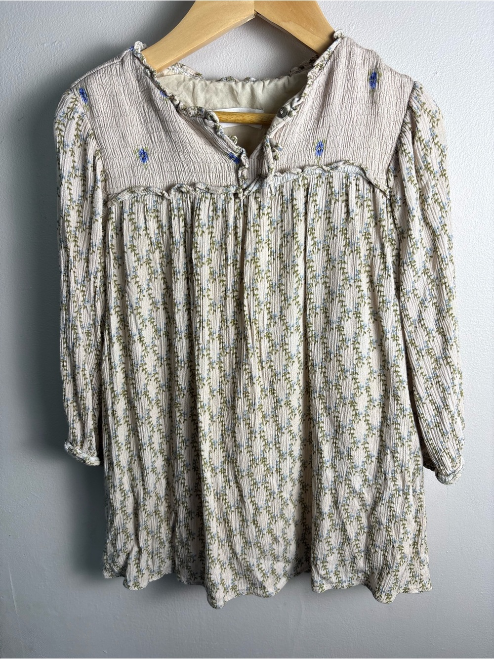 Zara Cream Muslin Textured Dress with Green and Blue Floral Detail Size 4/5